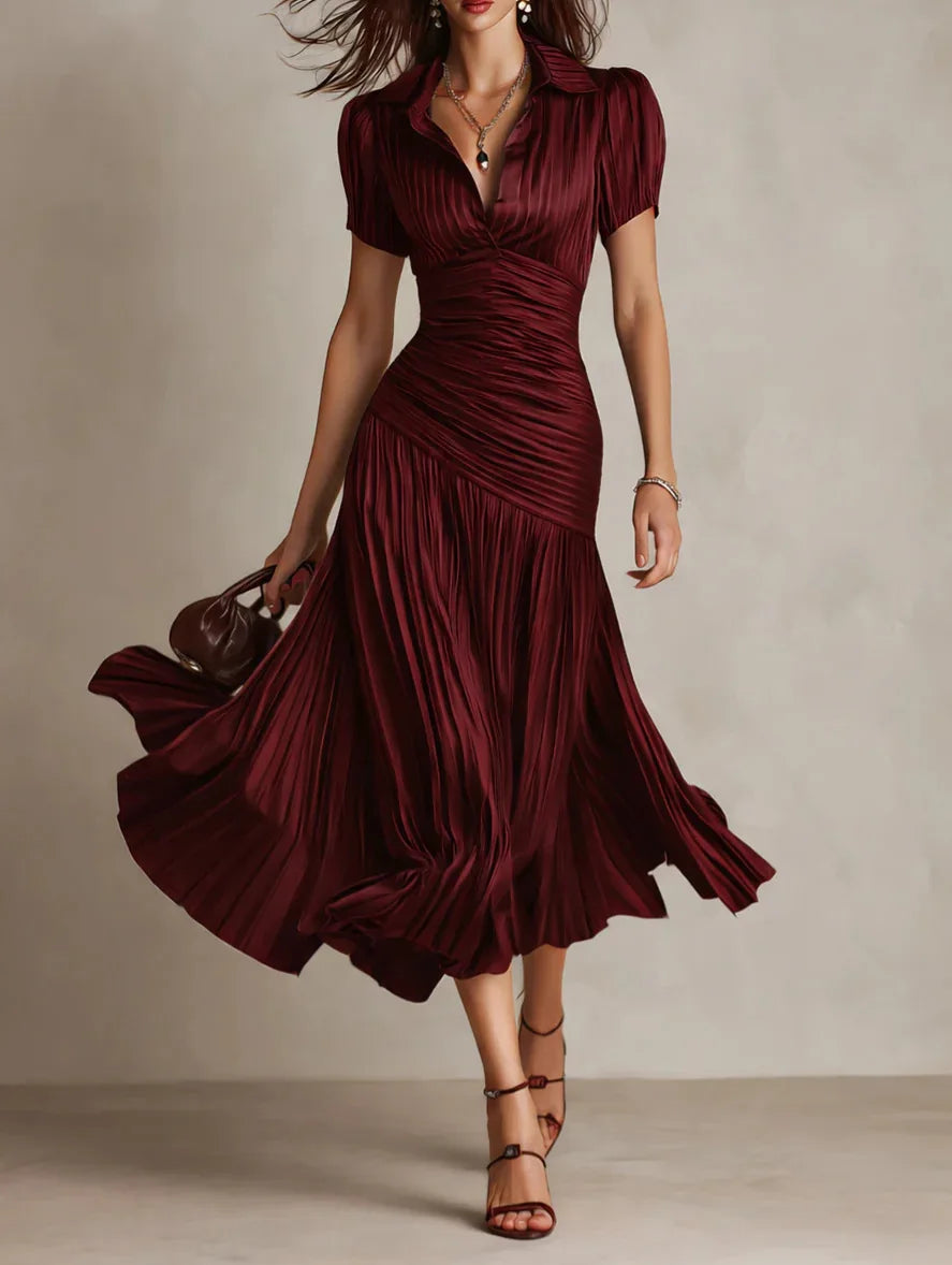 Elegant High-Waisted Pleated Women's Shirt Dress