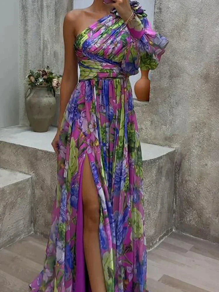 Robe maxi femme asymétrique imprimé floral avec fente