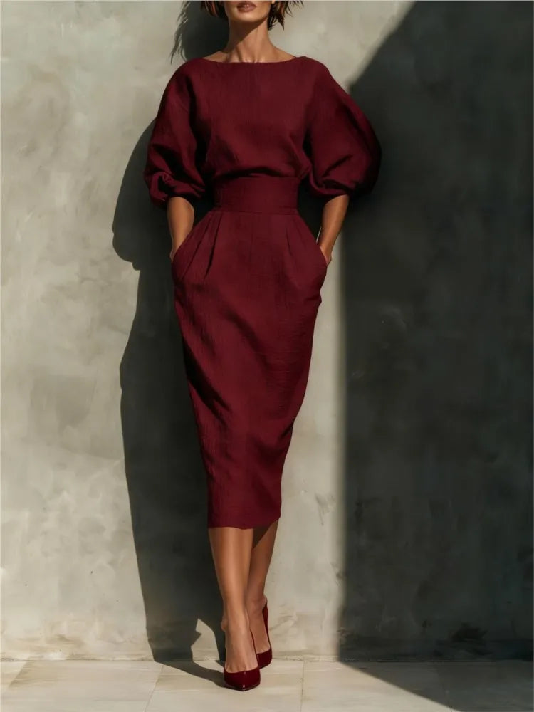 Elegant Women's Midi Dress with Puff Sleeves