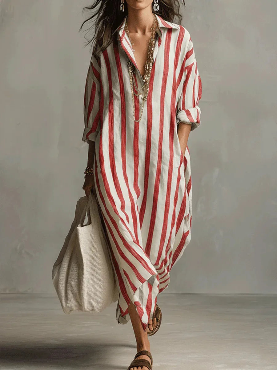 Robe Chemise Longue Femme à Rayures Verticales avec Coupe Ample