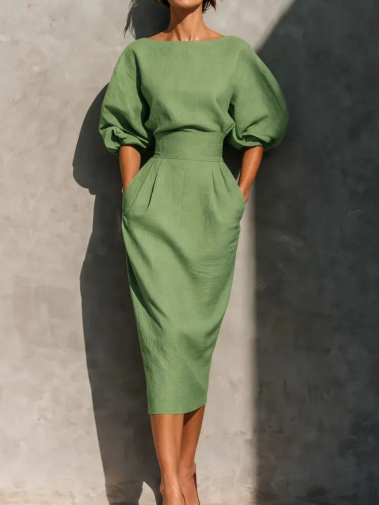 Elegant Women's Midi Dress with Puff Sleeves