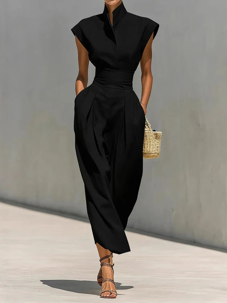 Robe Longue Femme à Col Montant et Poches Pratiques