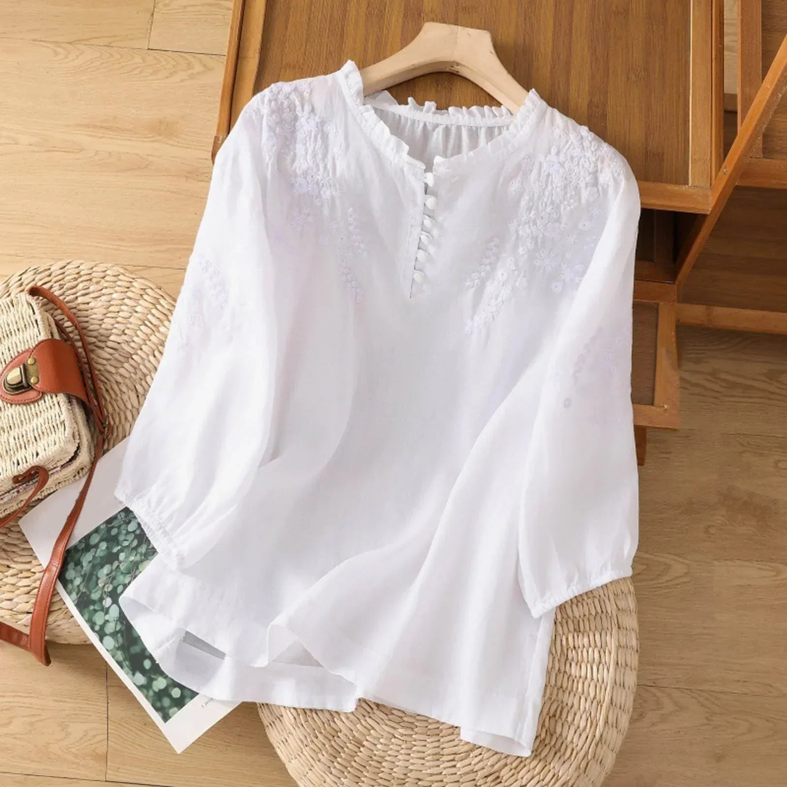 Blouse Femme Brodée Décontractée - Manches 3/4 Élégantes
