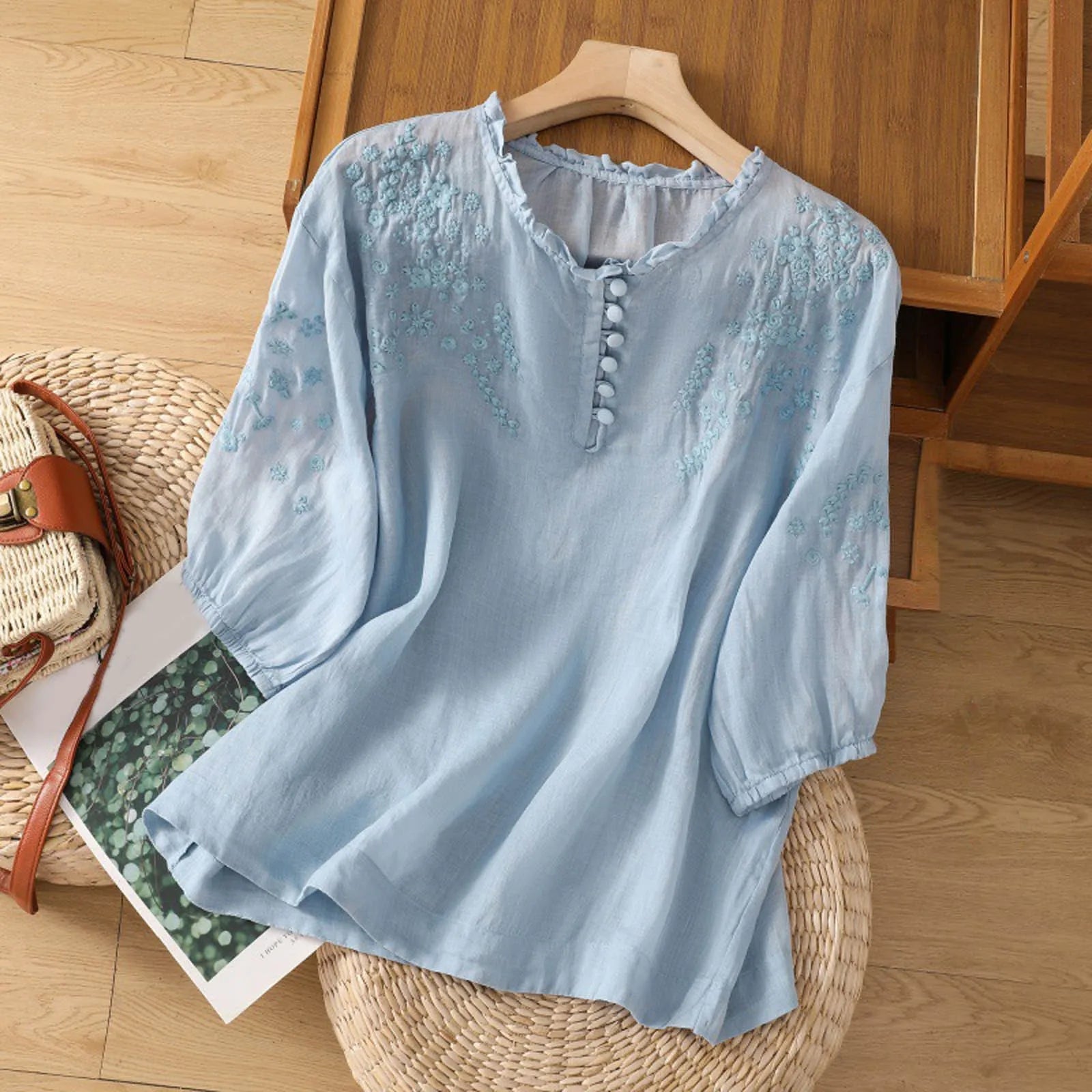 Blouse Femme Brodée Décontractée - Manches 3/4 Élégantes