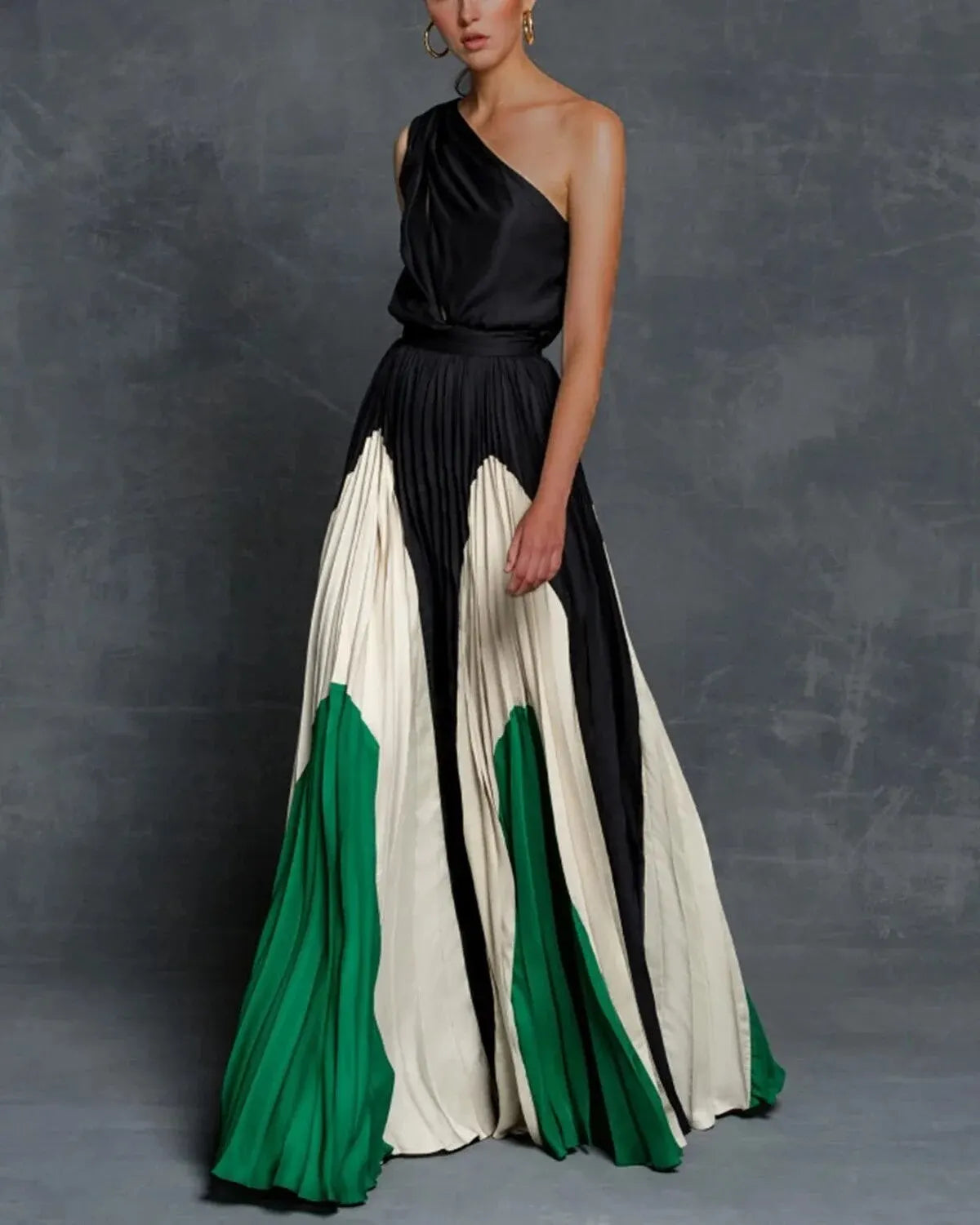 Robe Longue Femme à Une Épaule avec Jupe Plissée Colour Block Évasée