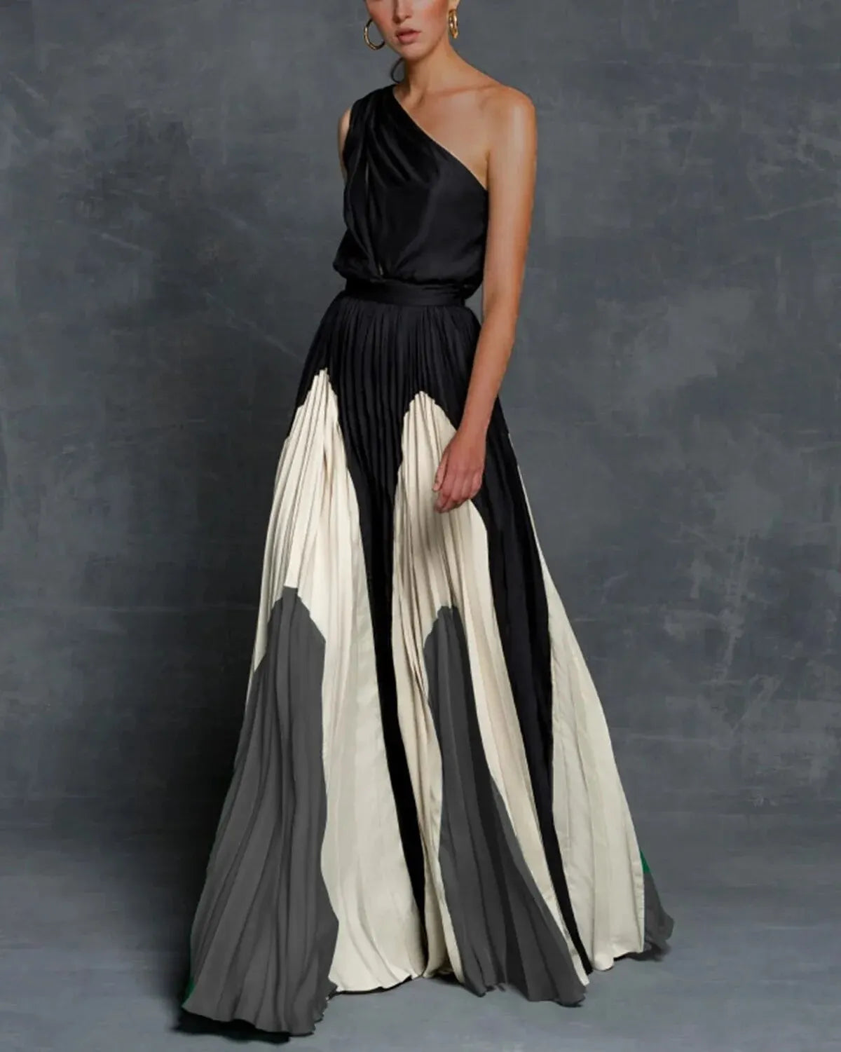 Robe Longue Femme à Une Épaule avec Jupe Plissée Colour Block Évasée
