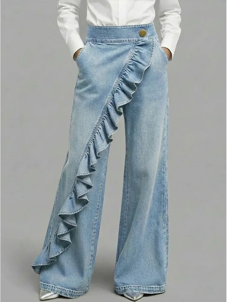 Asymmetric Ruffle High-Waisted Jeans for Women