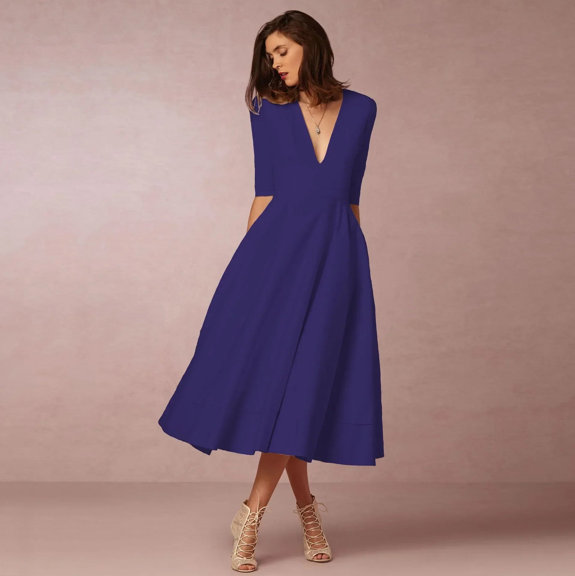 Robe Midi col en V manches coude femme