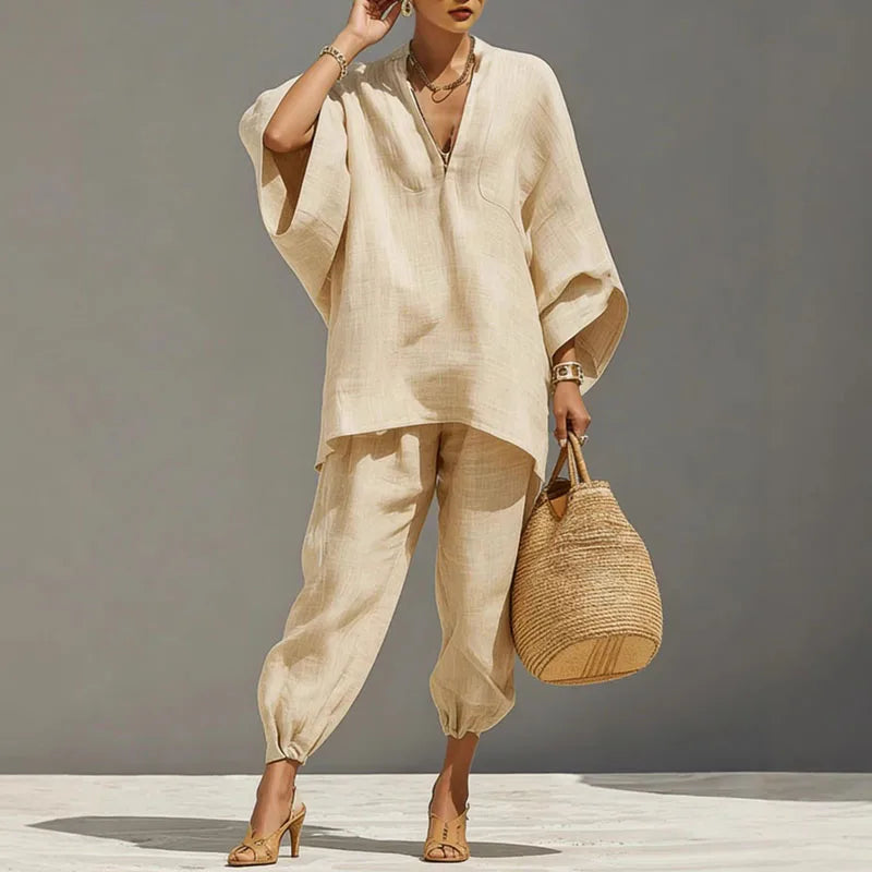 Bohemian Two-Piece Set with V-Neck Top and Loose Pants