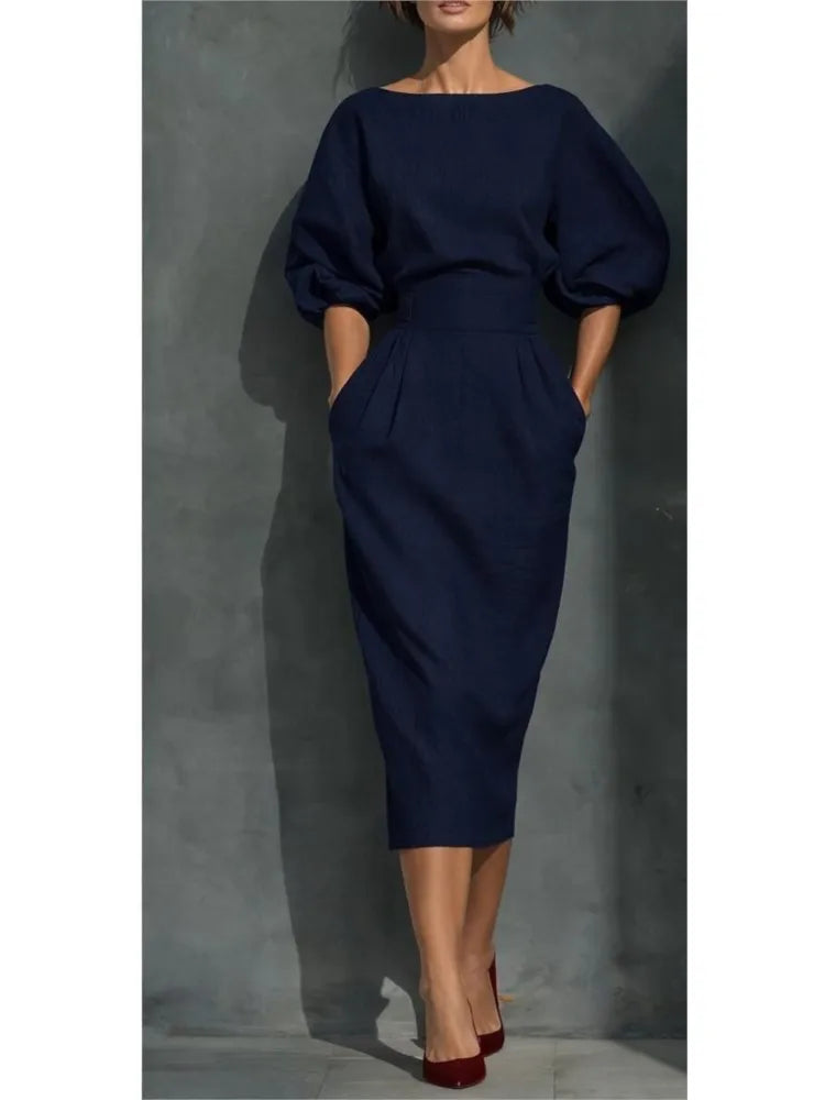 Elegant Women's Midi Dress with Puff Sleeves