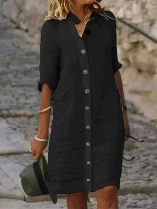 Robe Chemise Femme Boutonnée à Manches Retroussées