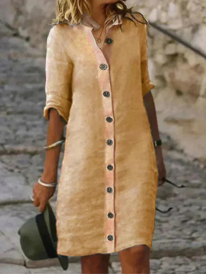 Robe Chemise Femme Boutonnée à Manches Retroussées