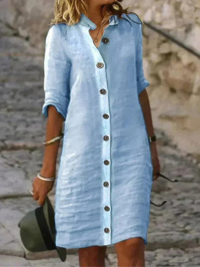 Robe Chemise Femme Boutonnée à Manches Retroussées