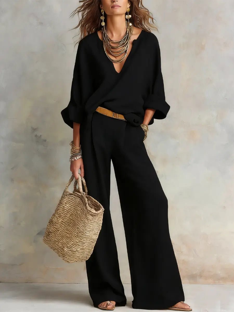 Ensemble Deux Pièces Pour Femme Avec Haut à Col en V et Pantalon Large