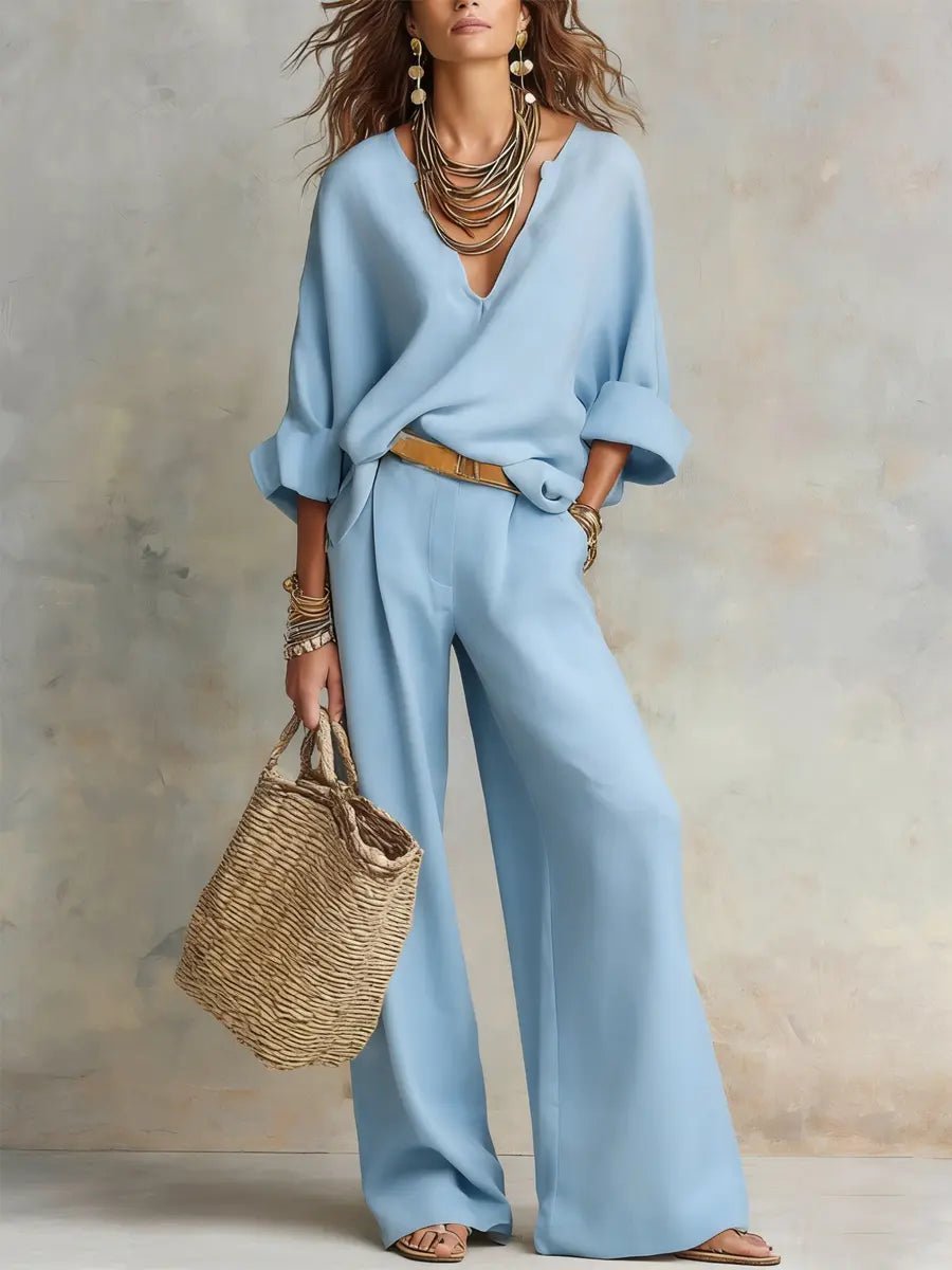 Ensemble Deux Pièces Pour Femme Avec Haut à Col en V et Pantalon Large