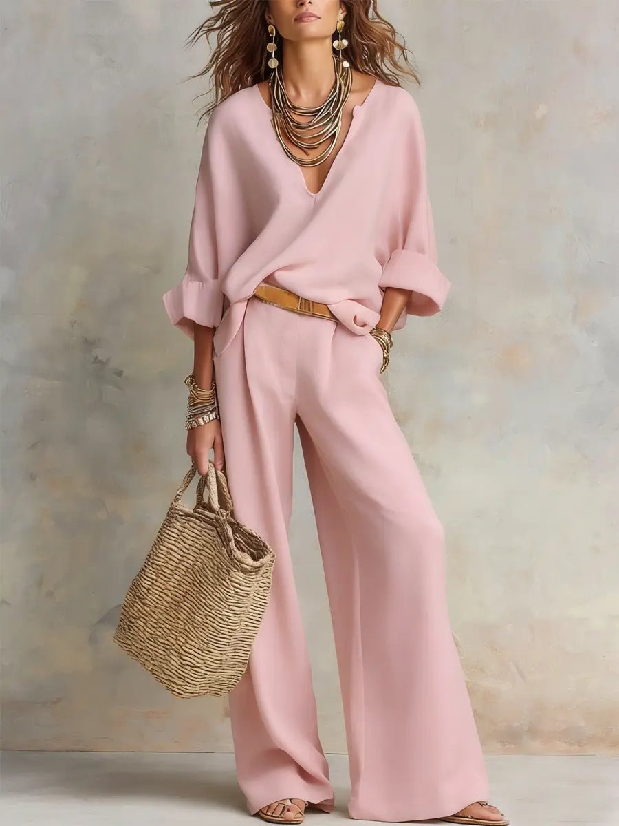 Ensemble Deux Pièces Pour Femme Avec Haut à Col en V et Pantalon Large