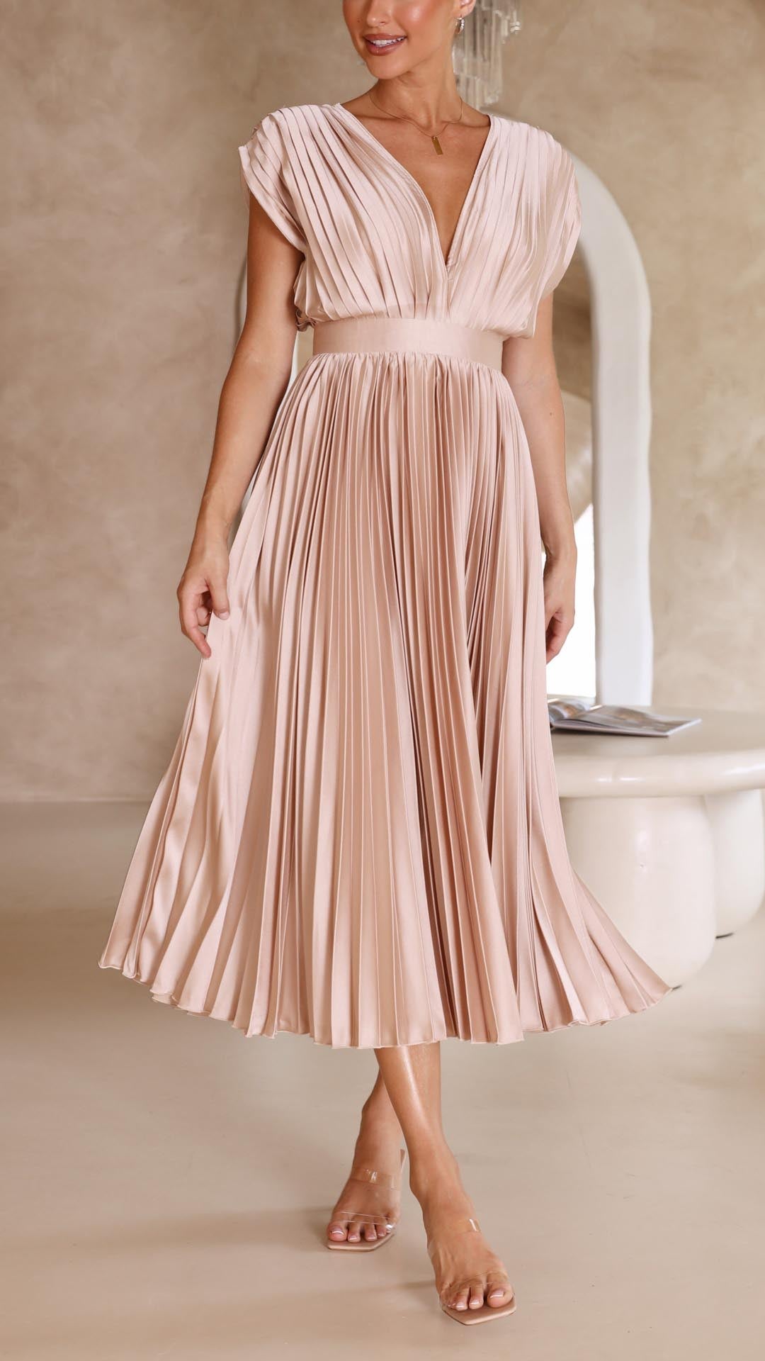 Robe midi plissée élégante pour femme col en V manches courtes fluide