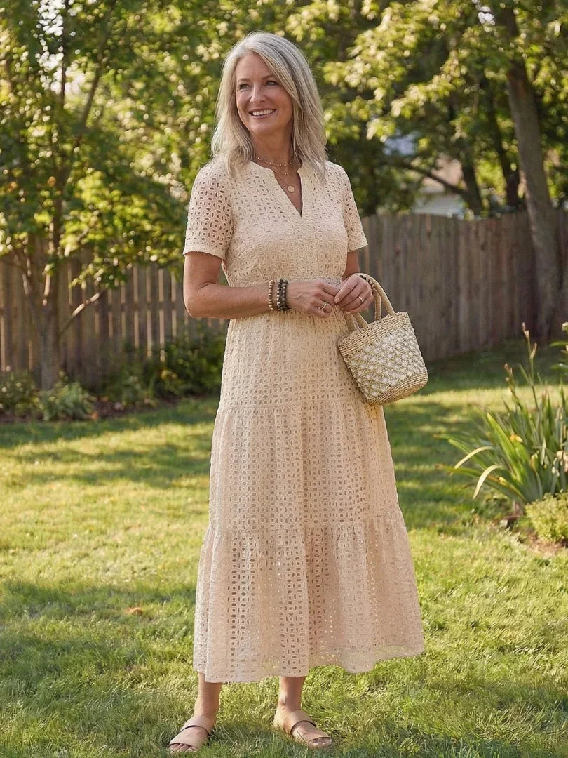Women's short-sleeve openwork midi dress