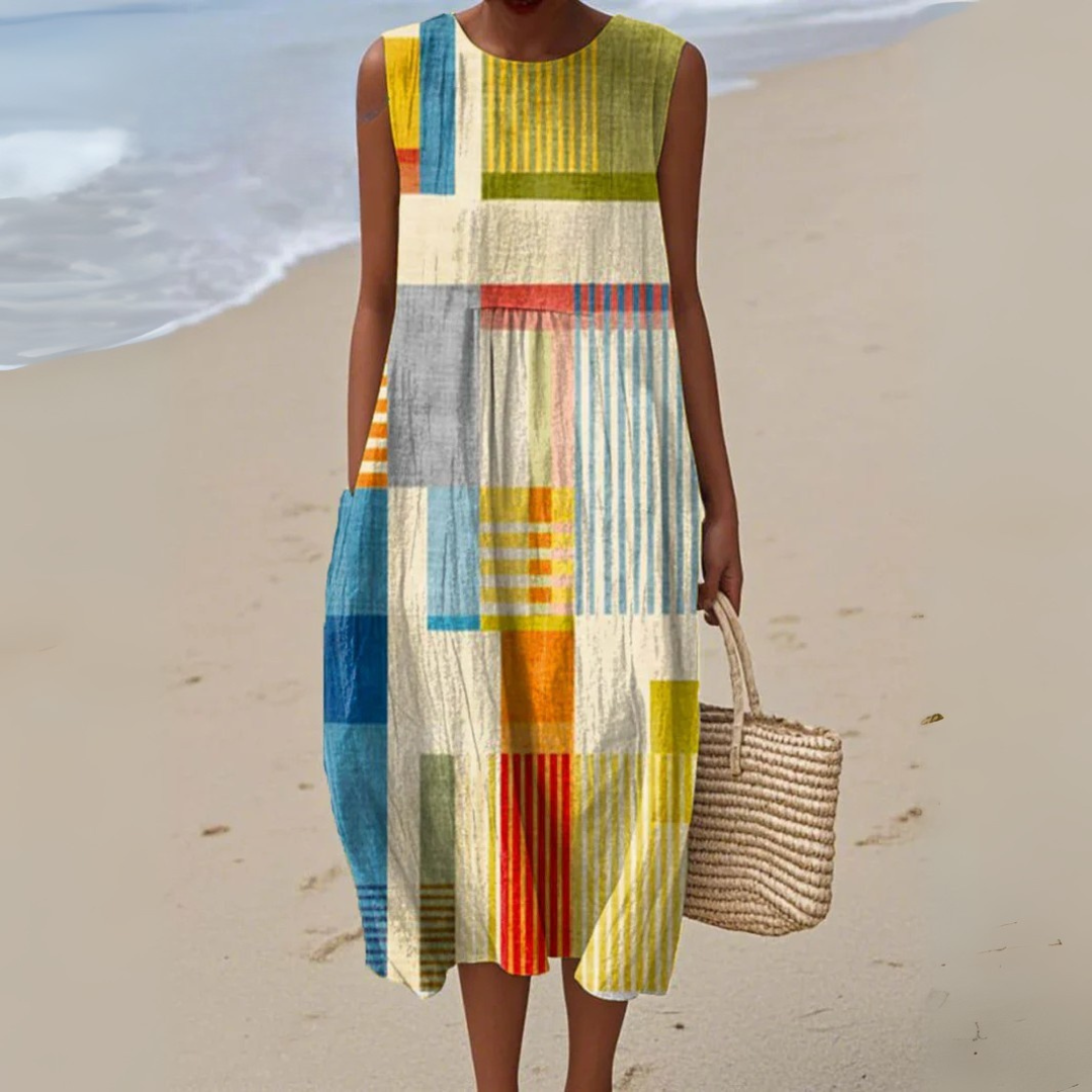 Robe midi patchwork géométrique pour femme avec motif artistique color block