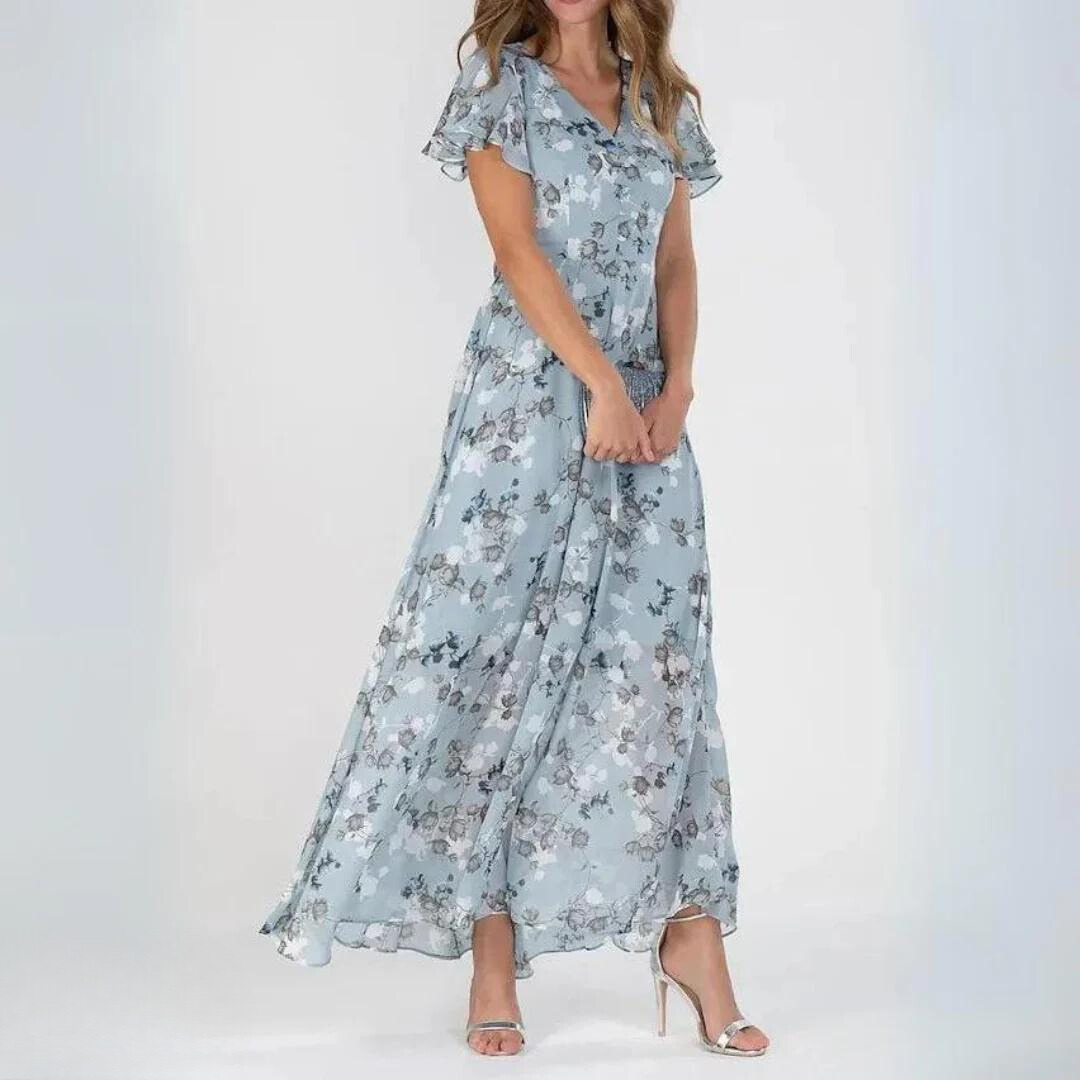 Robe Maxi Fleurie Élégante à Manches Volantes avec Coupe Fluide