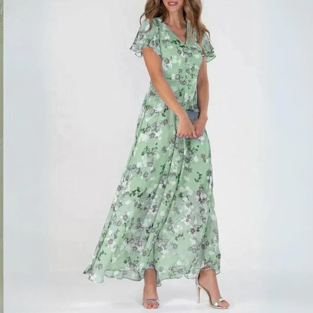 Robe Maxi Fleurie Élégante à Manches Volantes avec Coupe Fluide