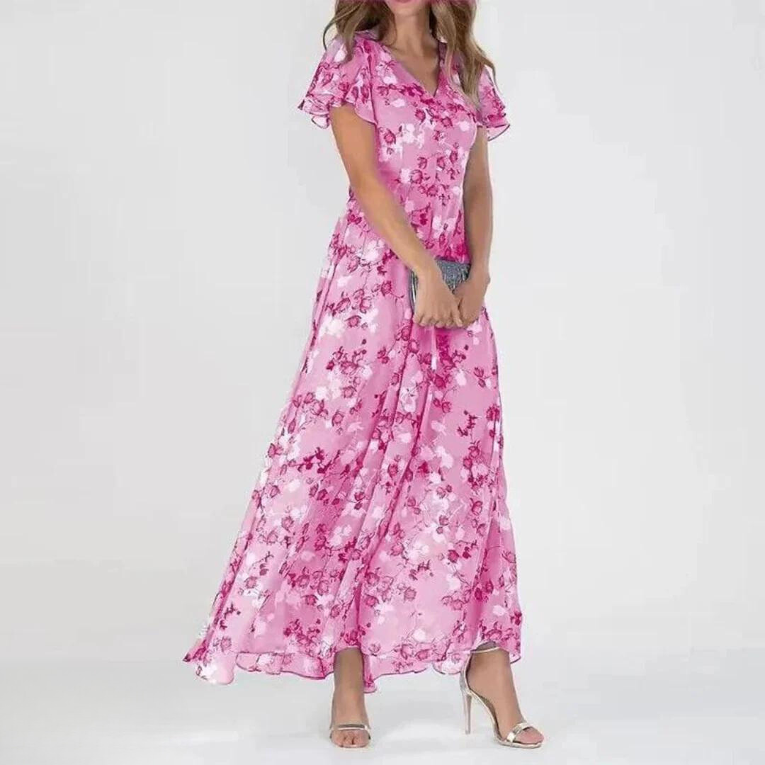 Robe Maxi Fleurie Élégante à Manches Volantes avec Coupe Fluide