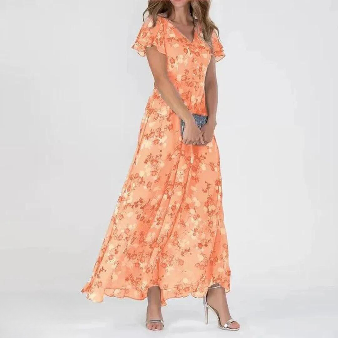 Robe Maxi Fleurie Élégante à Manches Volantes avec Coupe Fluide