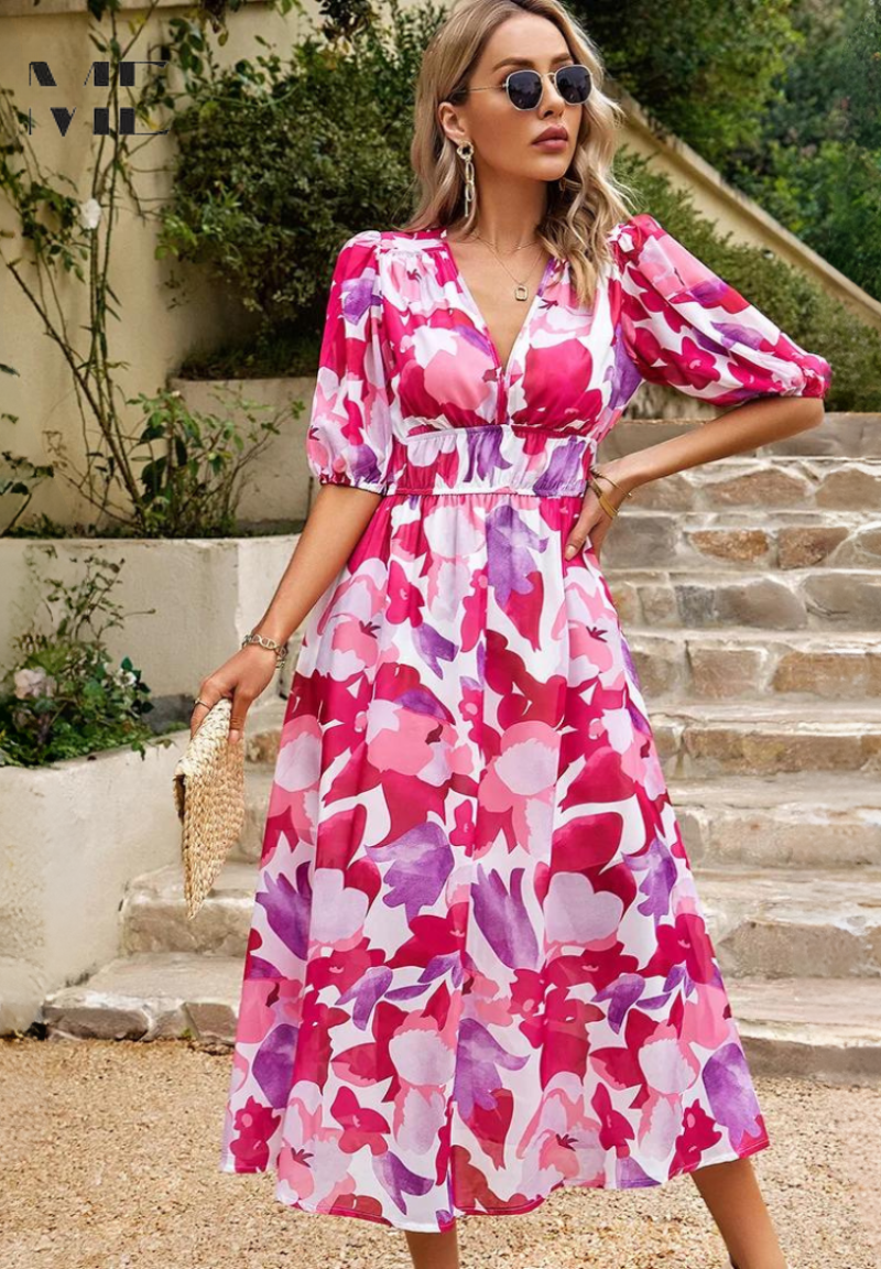 Robe Midi Fleurie Fluide à Col Cache-Cœur