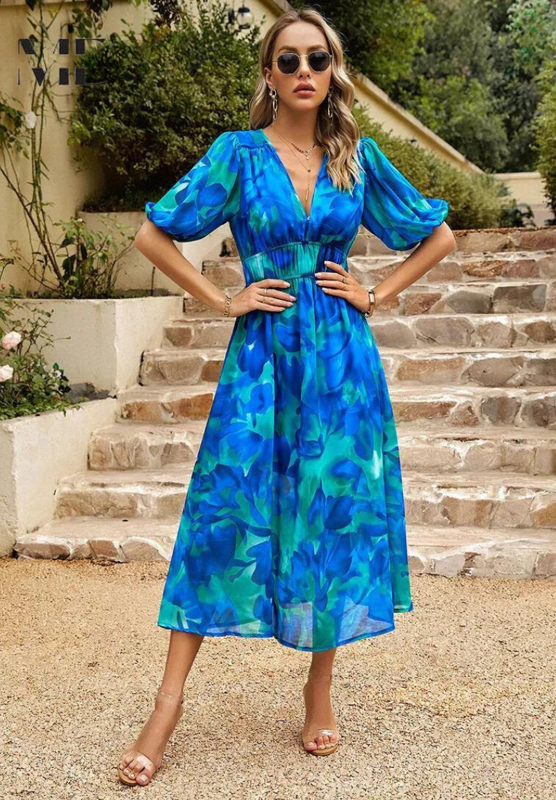 Robe Midi Fleurie Fluide à Col Cache-Cœur