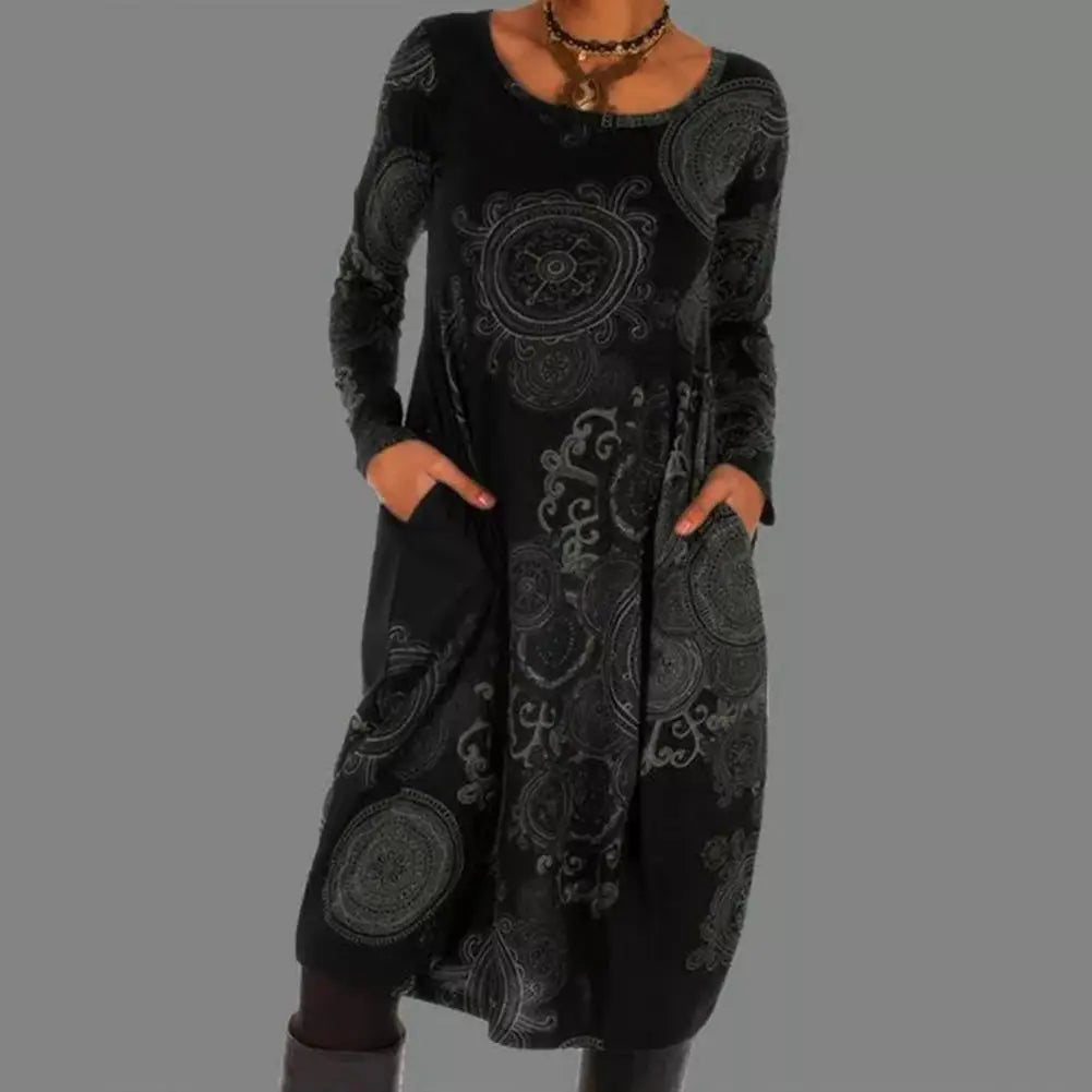 Robe Midi Bohème à Manches Longues Imprimé Unique