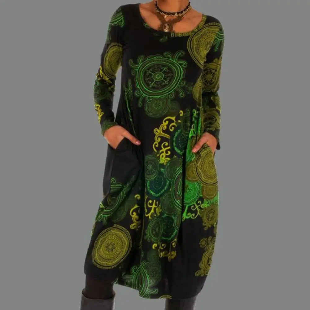Robe Midi Bohème à Manches Longues Imprimé Unique