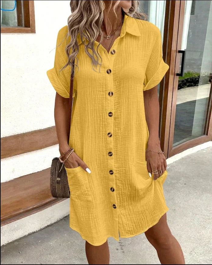 Robe Chemise Courte à Boutonnage Frontal avec Col Classique et Coupe Ample