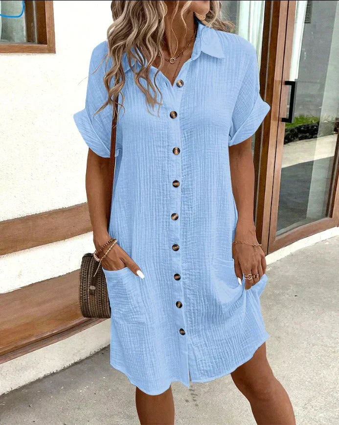 Robe Chemise Courte à Boutonnage Frontal avec Col Classique et Coupe Ample