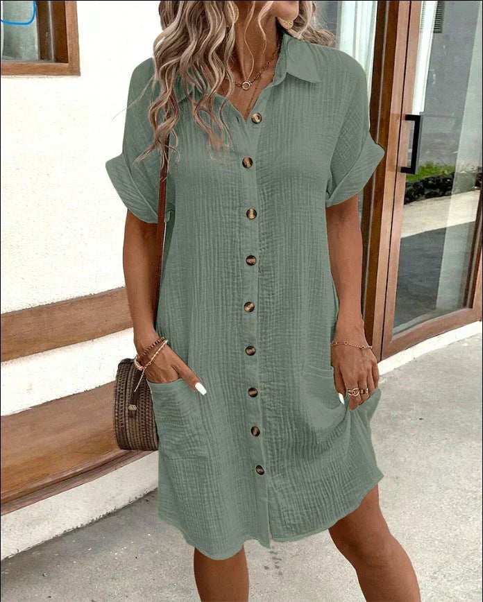 Robe Chemise Courte à Boutonnage Frontal avec Col Classique et Coupe Ample