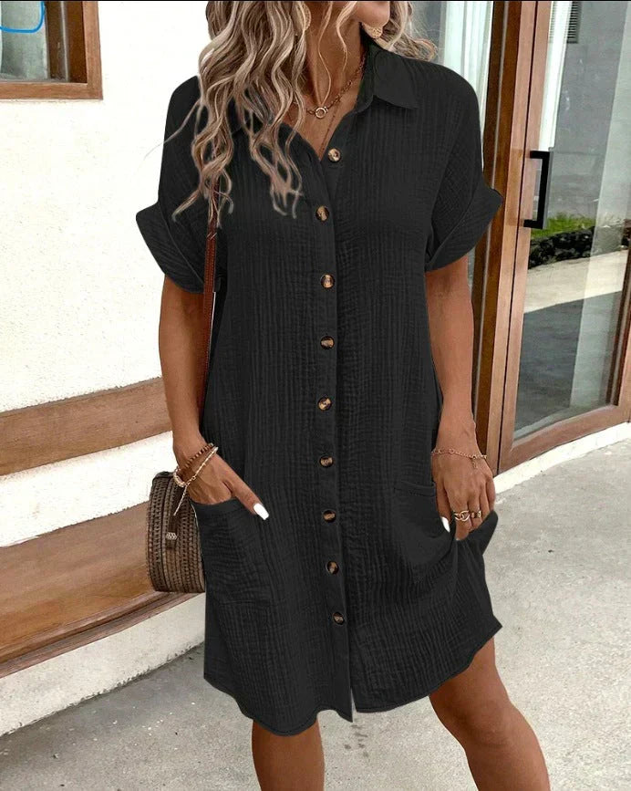 Robe Chemise Courte à Boutonnage Frontal avec Col Classique et Coupe Ample