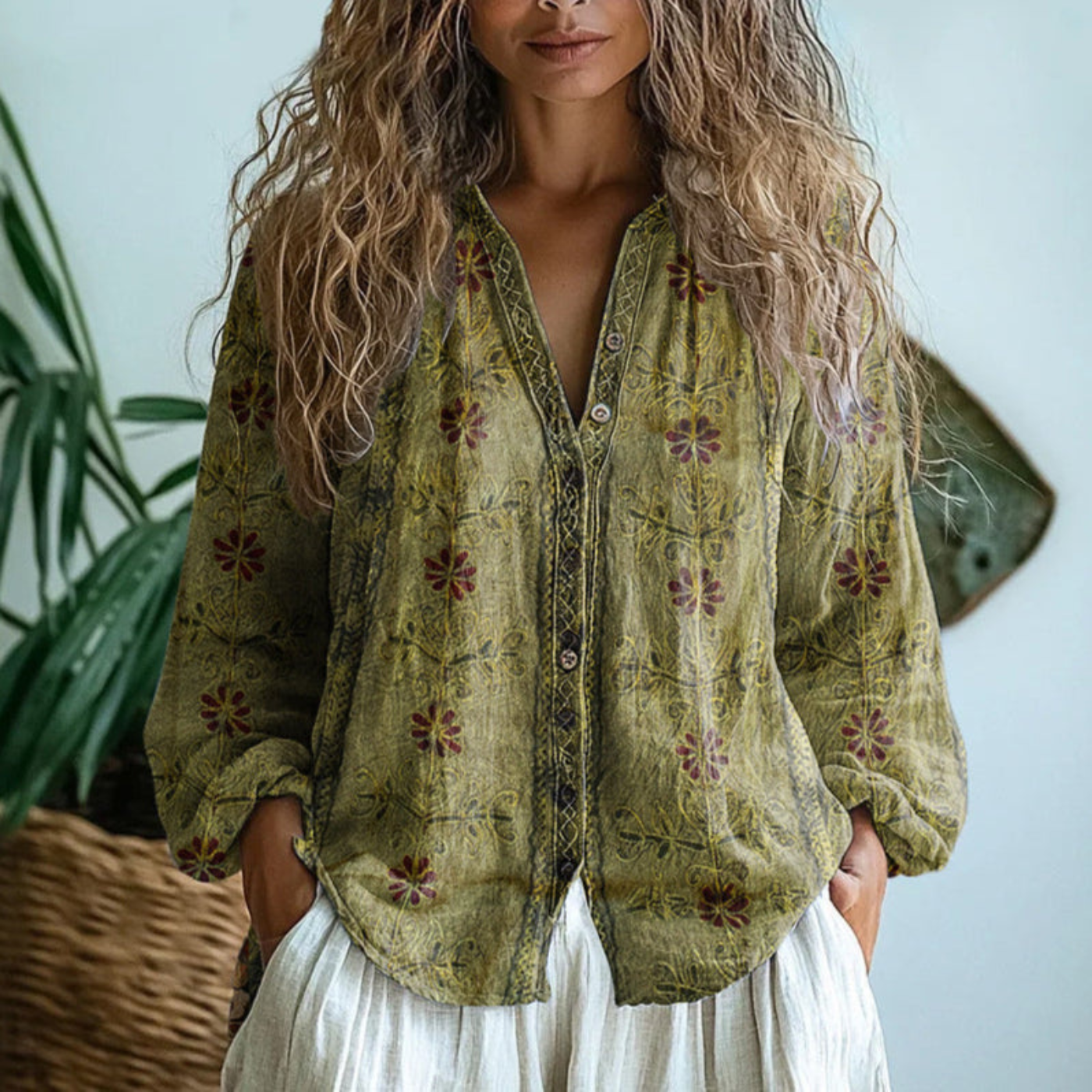 Chemisier vintage pour femme à imprimé botanique et style bohème