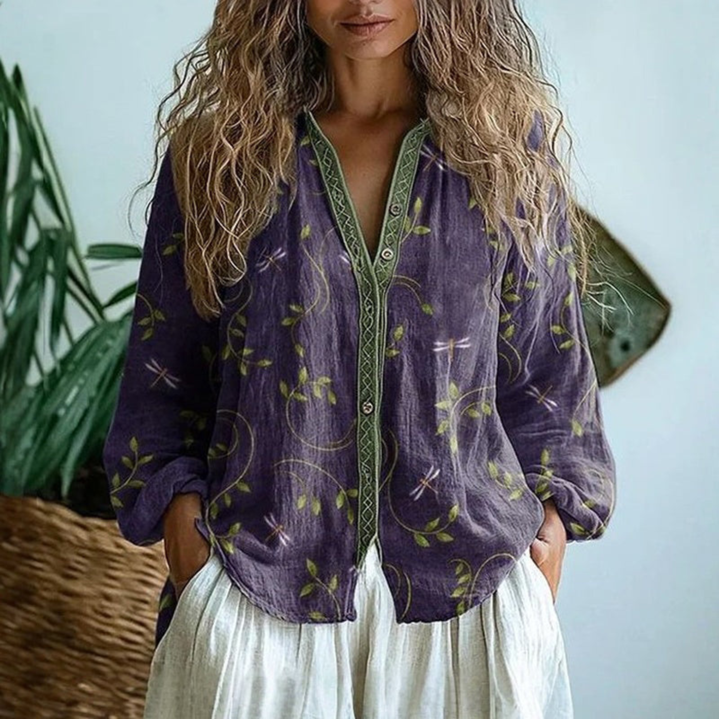 Chemisier vintage pour femme à imprimé botanique et style bohème