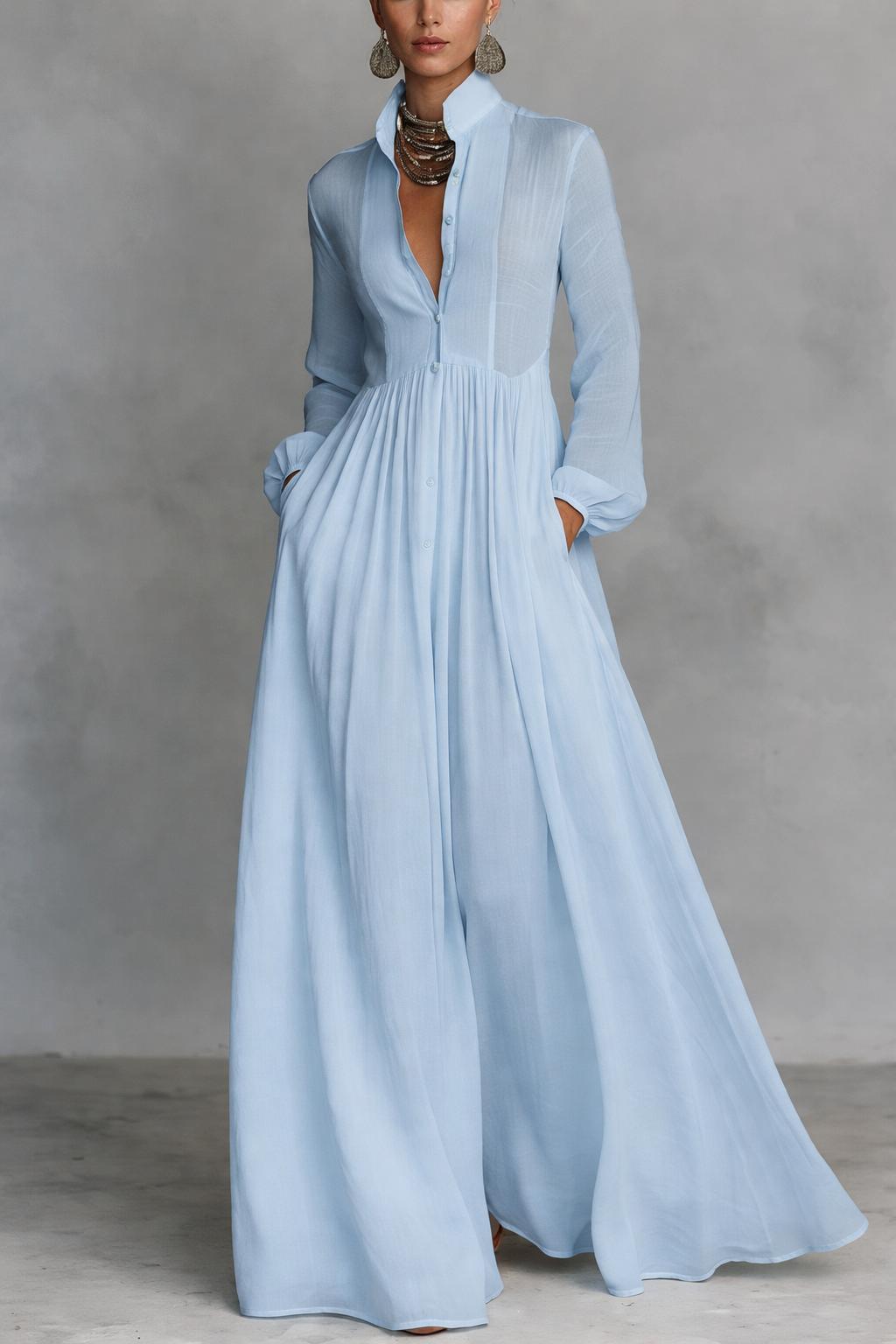 Vestido largo fluido con cuello de camisa en V profundo para mujer
