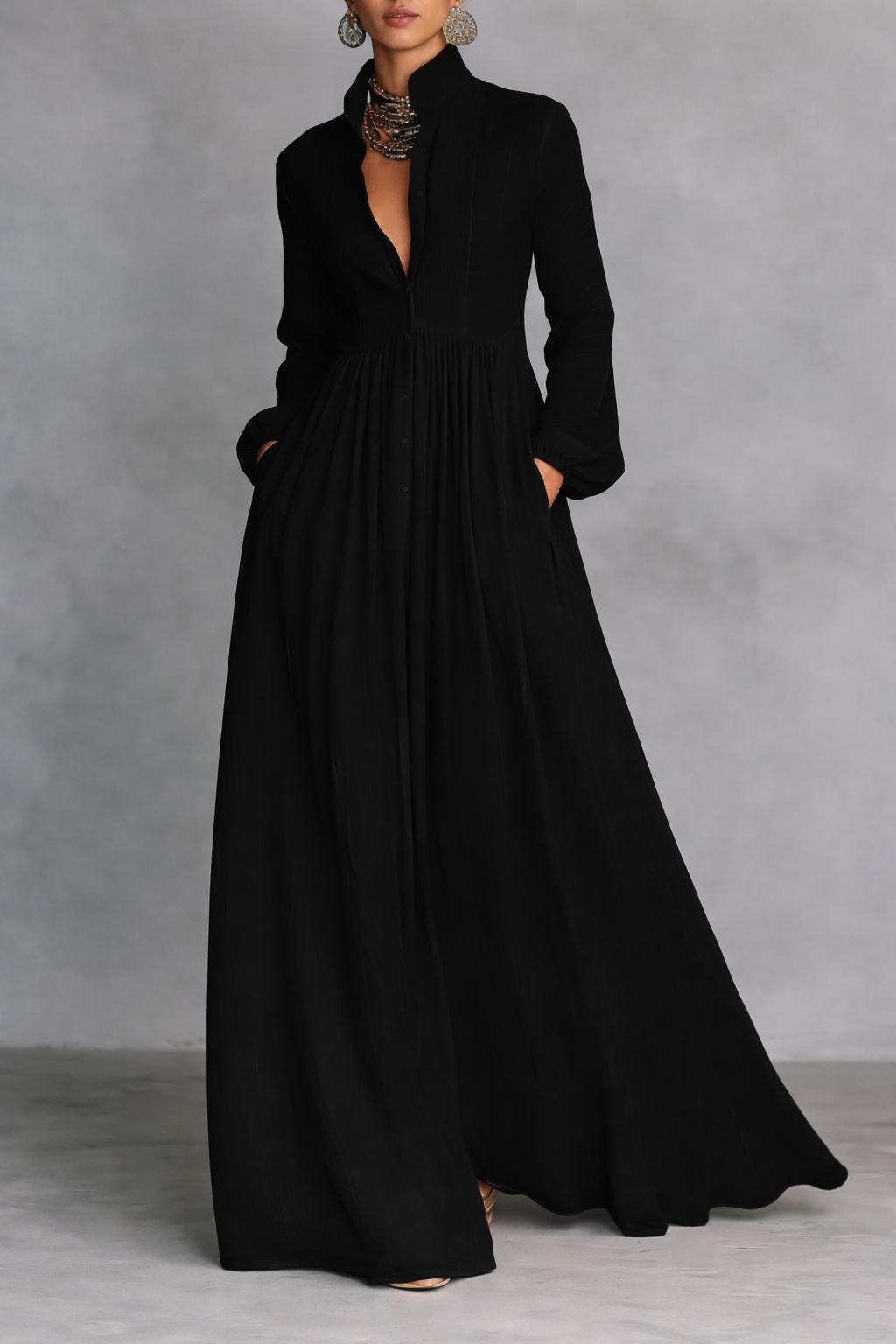 Vestido largo fluido con cuello de camisa en V profundo para mujer