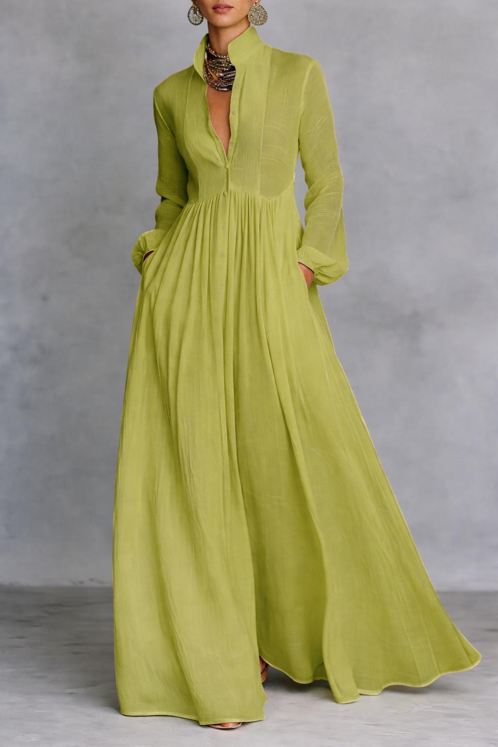 Vestido largo fluido con cuello de camisa en V profundo para mujer