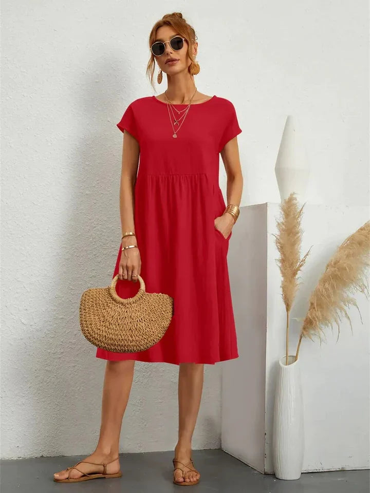 Women's Casual A-Line Midi Dress with Round Neckline