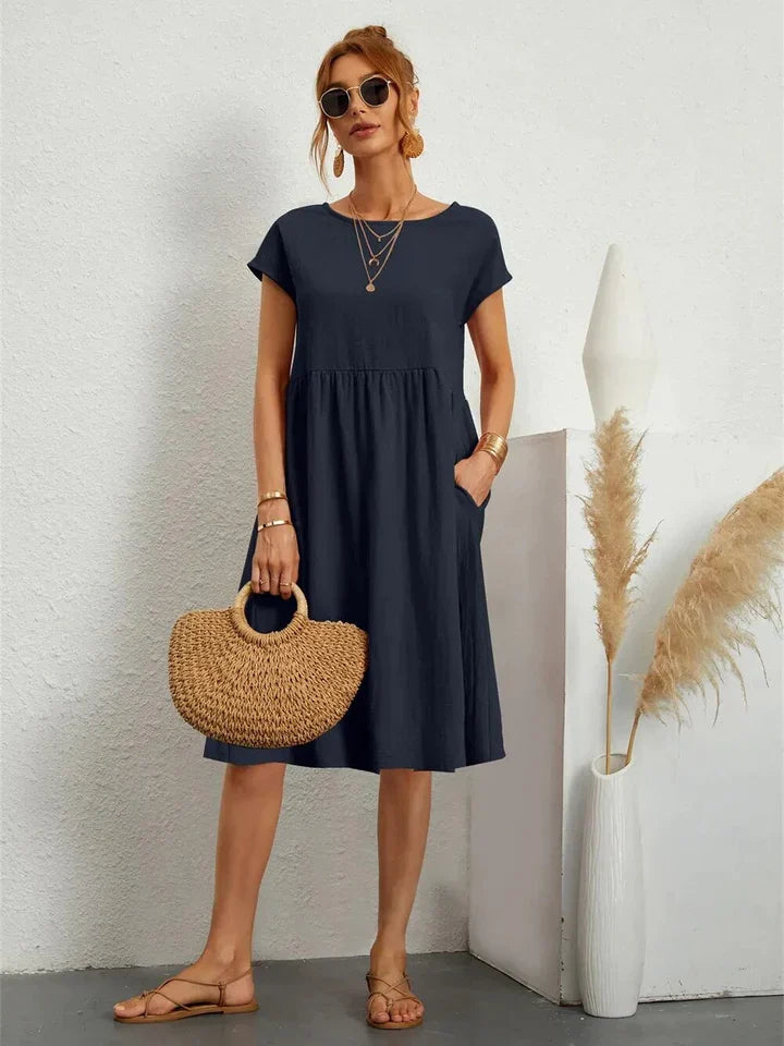 Women's Casual A-Line Midi Dress with Round Neckline