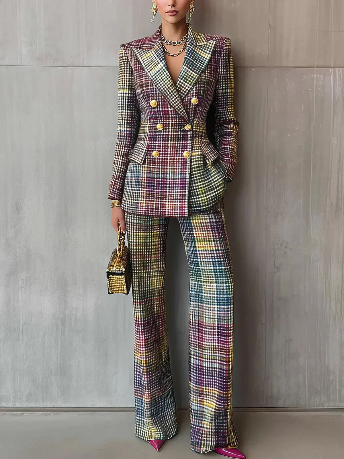Women's Checked Double-Breasted Blazer Set & Wide-Leg Pants