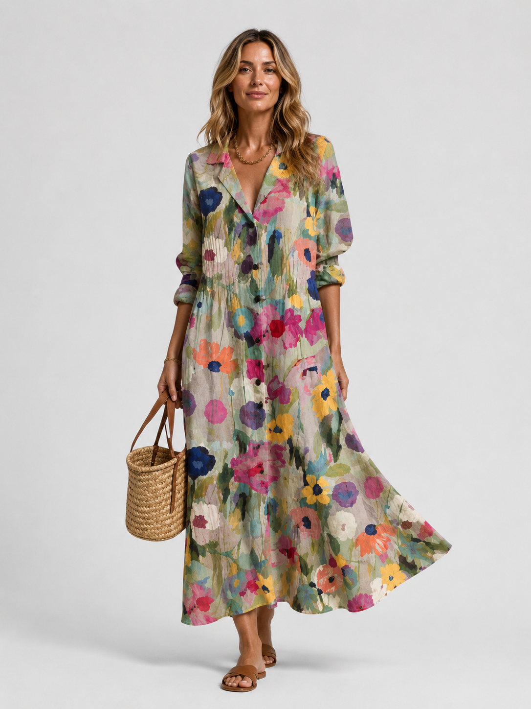 Robe Longue à Col en V et Imprimé Floral Pour Femme