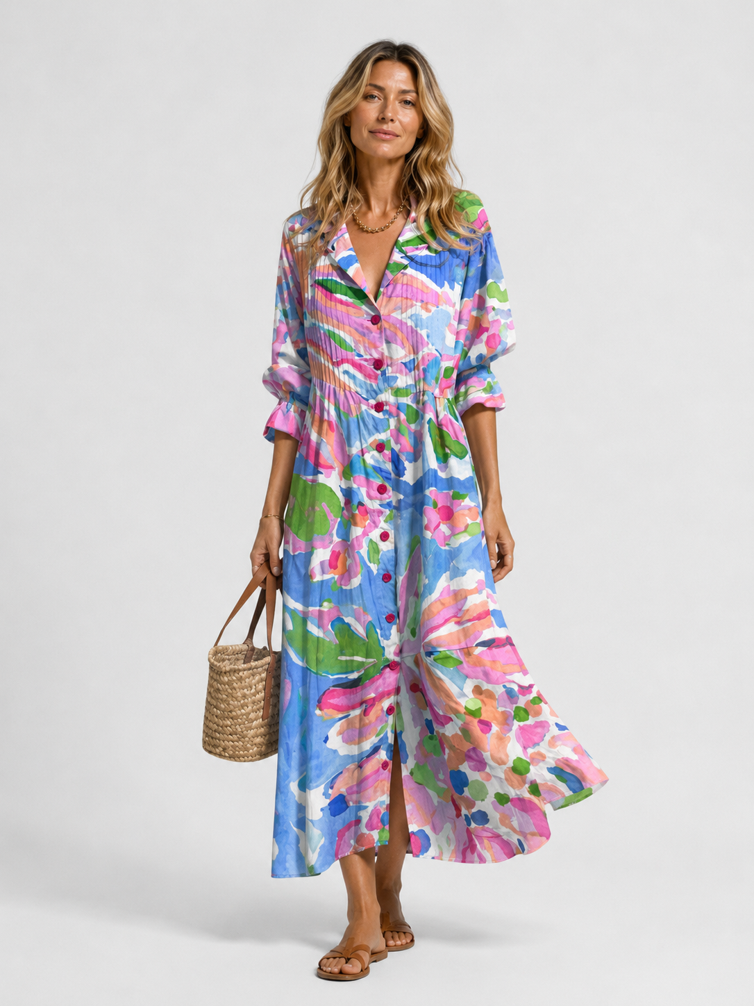 Robe Longue à Col en V et Imprimé Floral Pour Femme