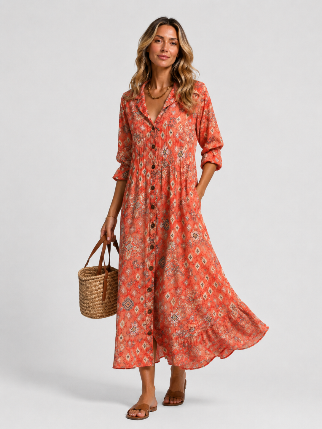 Robe Longue à Col en V et Imprimé Floral Pour Femme