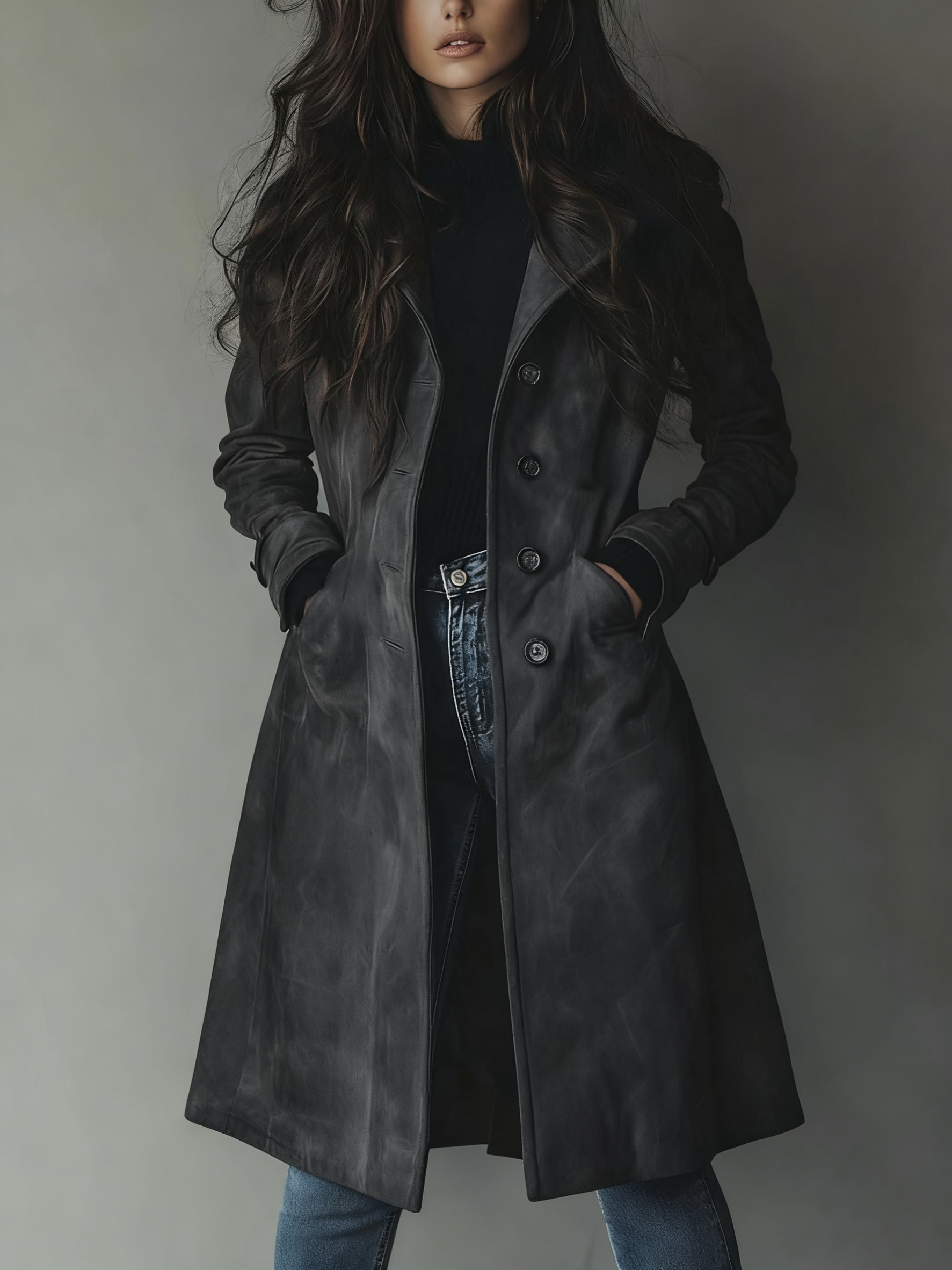 Women’s Long Coat for Women with Stand-Up Collar and Pockets