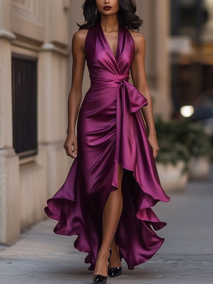 Robe Longue Cache-Cœur Satinée avec Volants Cascades et Fente Élégante