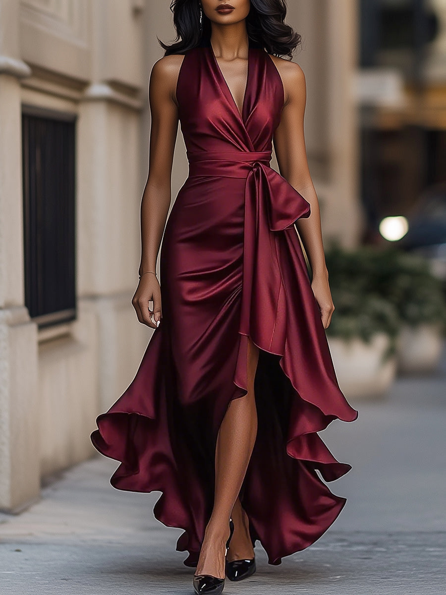 Robe Longue Cache-Cœur Satinée avec Volants Cascades et Fente Élégante