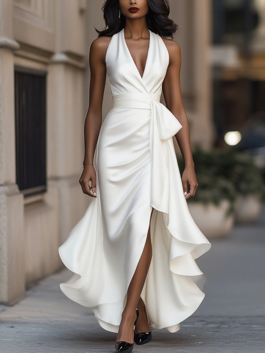 Robe Longue Cache-Cœur Satinée avec Volants Cascades et Fente Élégante